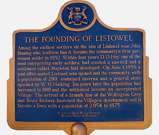 Founding of Listowel Ontario Plaque